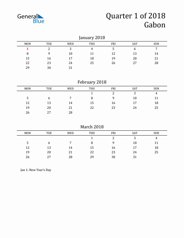 Quarter 1 2018 Gabon Quarterly Calendar