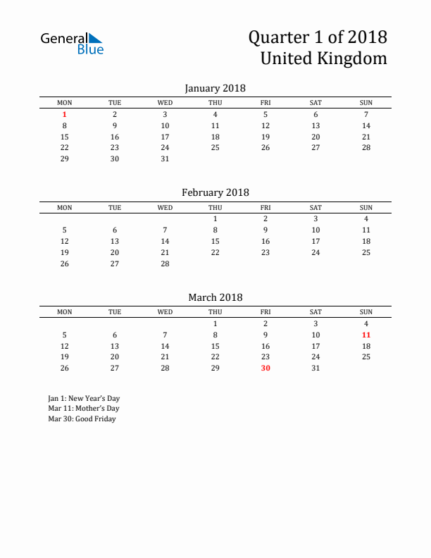 Quarter 1 2018 United Kingdom Quarterly Calendar