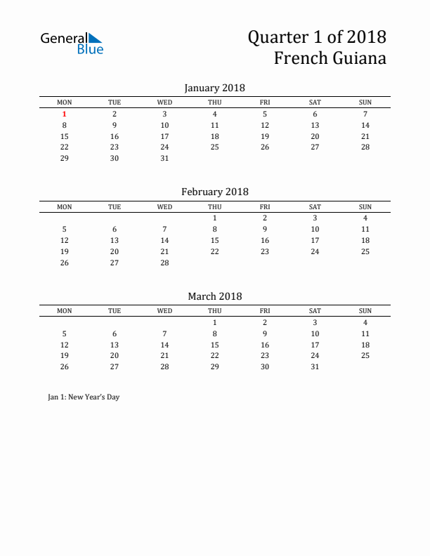 Quarter 1 2018 French Guiana Quarterly Calendar