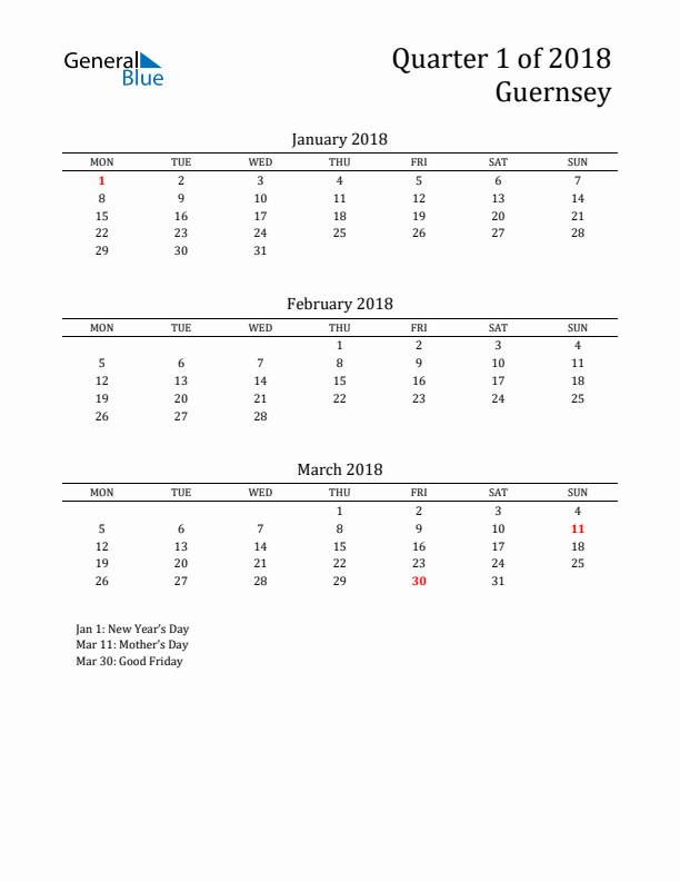 Quarter 1 2018 Guernsey Quarterly Calendar