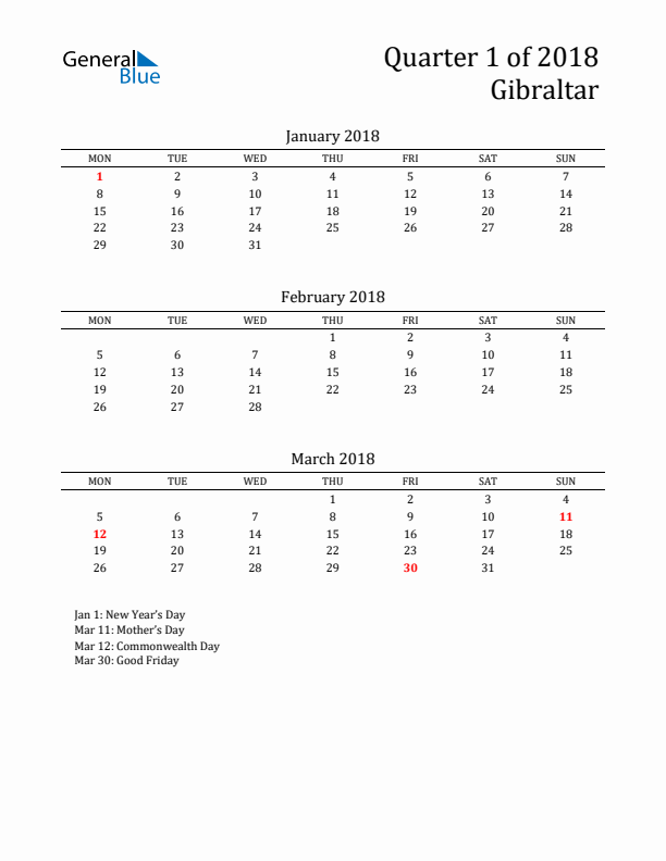 Quarter 1 2018 Gibraltar Quarterly Calendar