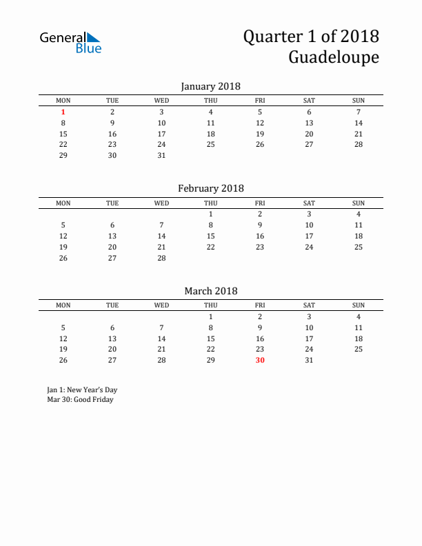 Quarter 1 2018 Guadeloupe Quarterly Calendar