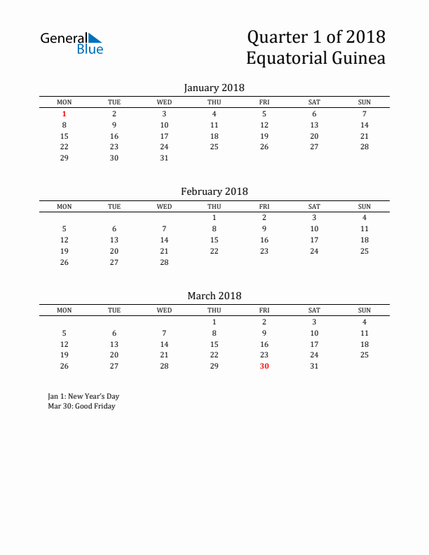 Quarter 1 2018 Equatorial Guinea Quarterly Calendar