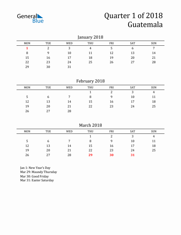 Quarter 1 2018 Guatemala Quarterly Calendar