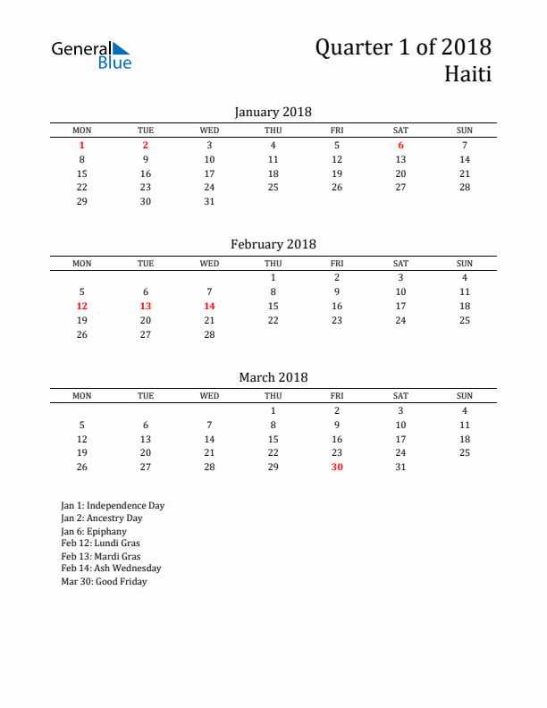 Quarter 1 2018 Haiti Quarterly Calendar