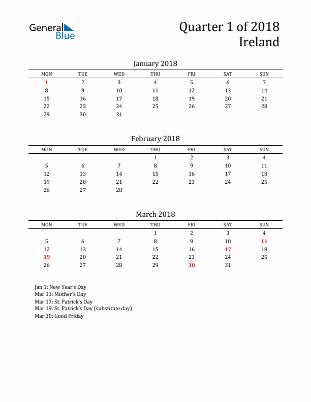 Quarter 1 2018 Ireland Quarterly Calendar