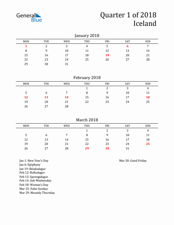 Quarter 1 2018 Iceland Quarterly Calendar