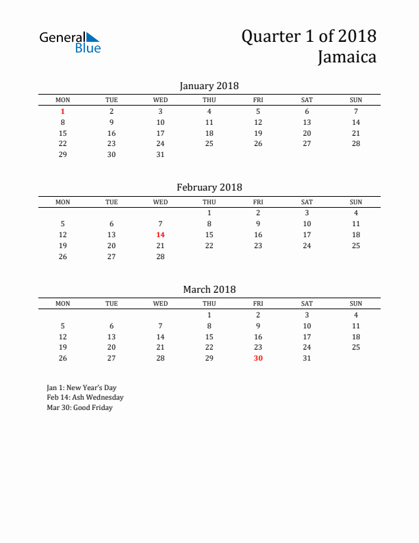 Quarter 1 2018 Jamaica Quarterly Calendar