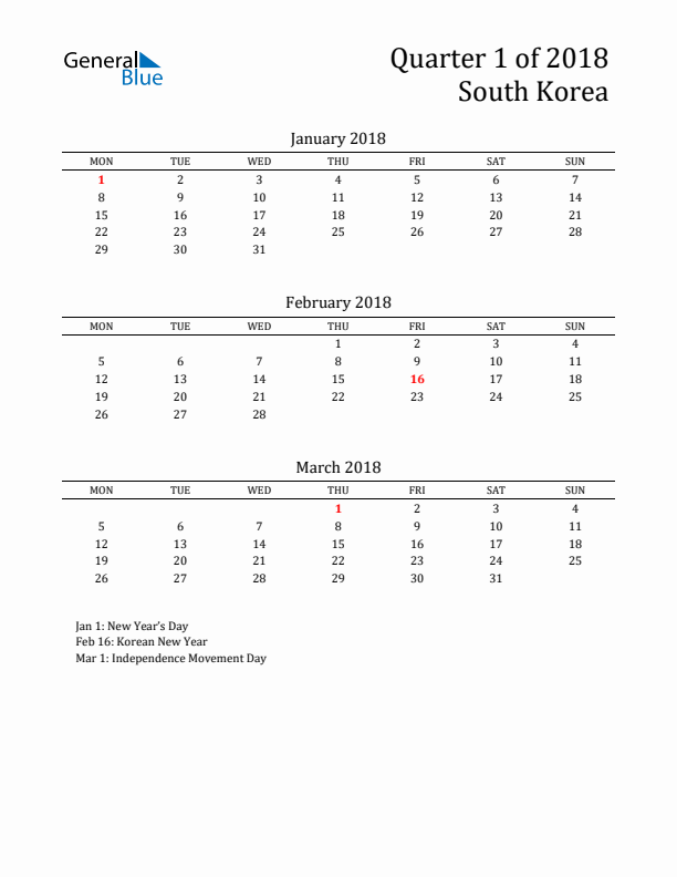 Quarter 1 2018 South Korea Quarterly Calendar