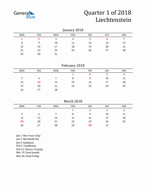 Quarter 1 2018 Liechtenstein Quarterly Calendar