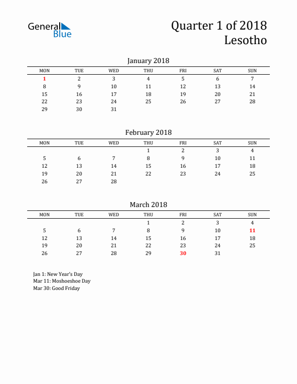 Quarter 1 2018 Lesotho Quarterly Calendar