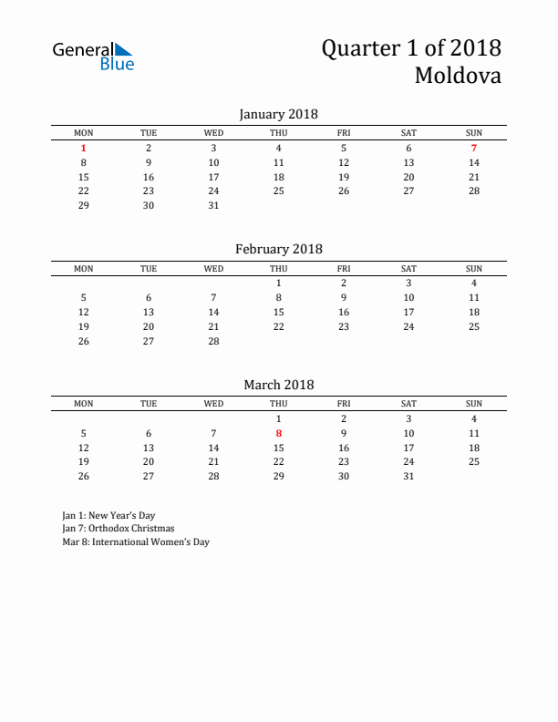 Quarter 1 2018 Moldova Quarterly Calendar