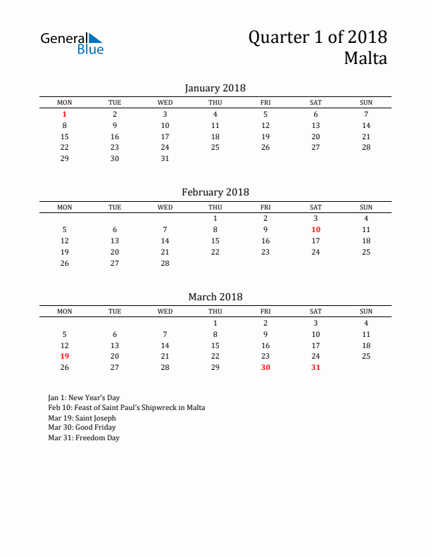 Quarter 1 2018 Malta Quarterly Calendar