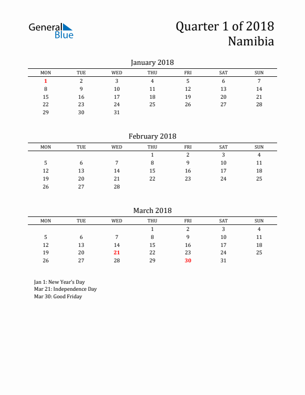 Quarter 1 2018 Namibia Quarterly Calendar