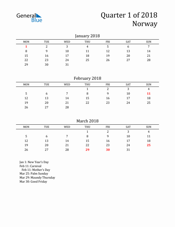 Quarter 1 2018 Norway Quarterly Calendar