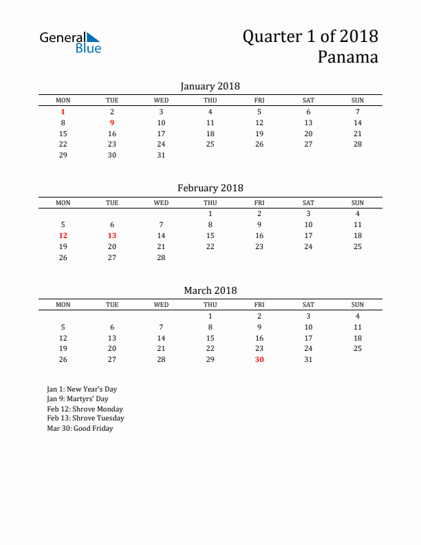 Quarter 1 2018 Panama Quarterly Calendar