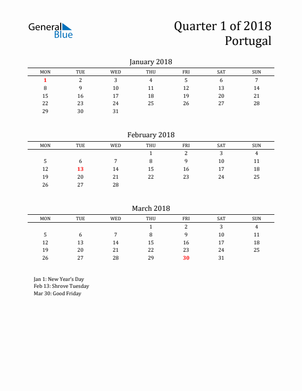 Quarter 1 2018 Portugal Quarterly Calendar