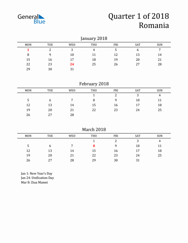 Quarter 1 2018 Romania Quarterly Calendar