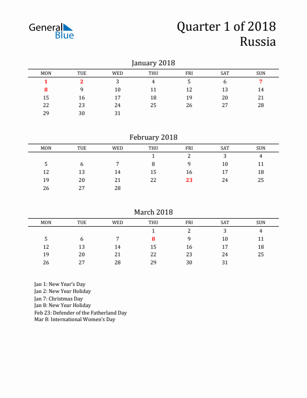 Quarter 1 2018 Russia Quarterly Calendar