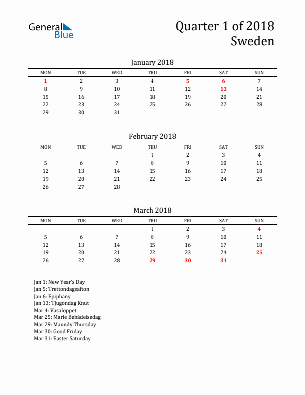 Quarter 1 2018 Sweden Quarterly Calendar