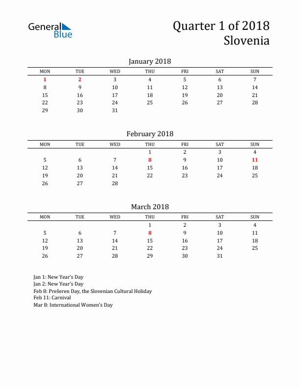 Quarter 1 2018 Slovenia Quarterly Calendar