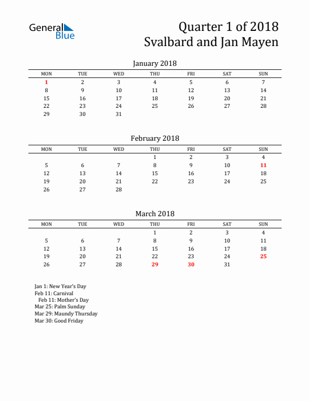 Quarter 1 2018 Svalbard and Jan Mayen Quarterly Calendar