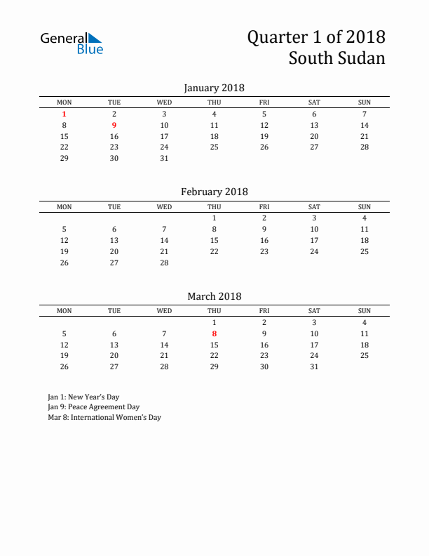 Quarter 1 2018 South Sudan Quarterly Calendar