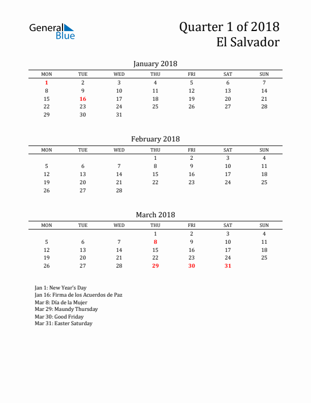 Quarter 1 2018 El Salvador Quarterly Calendar