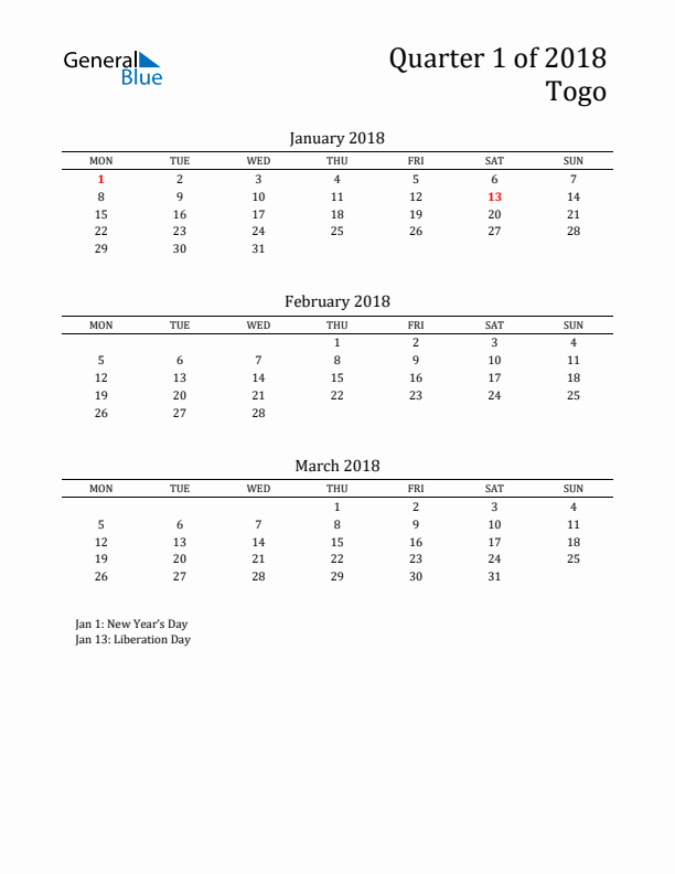 Quarter 1 2018 Togo Quarterly Calendar