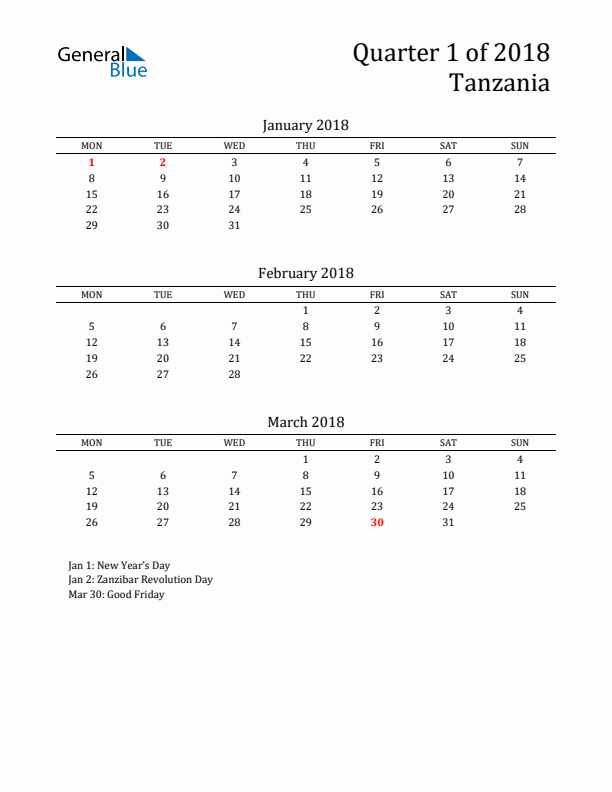 Quarter 1 2018 Tanzania Quarterly Calendar