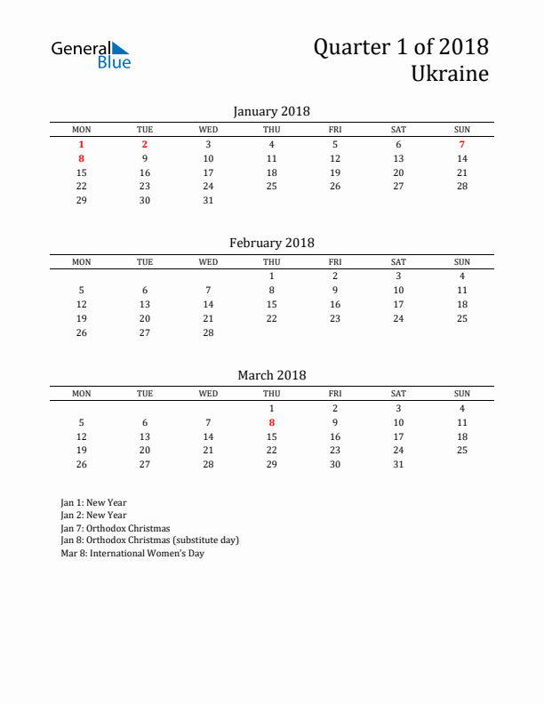 Quarter 1 2018 Ukraine Quarterly Calendar