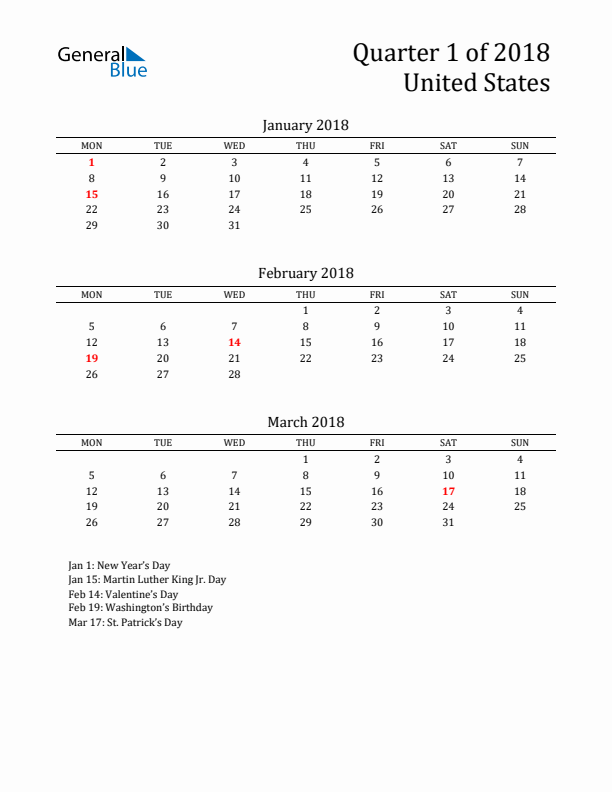 Quarter 1 2018 United States Quarterly Calendar