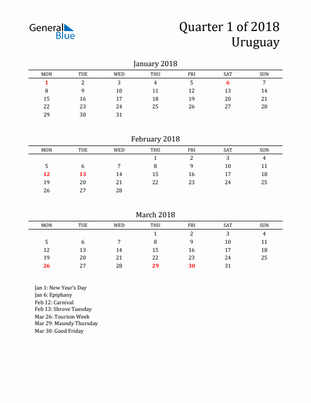 Quarter 1 2018 Uruguay Quarterly Calendar