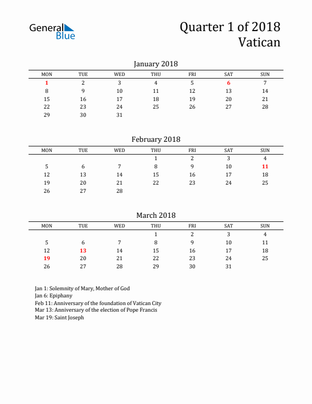 Quarter 1 2018 Vatican Quarterly Calendar