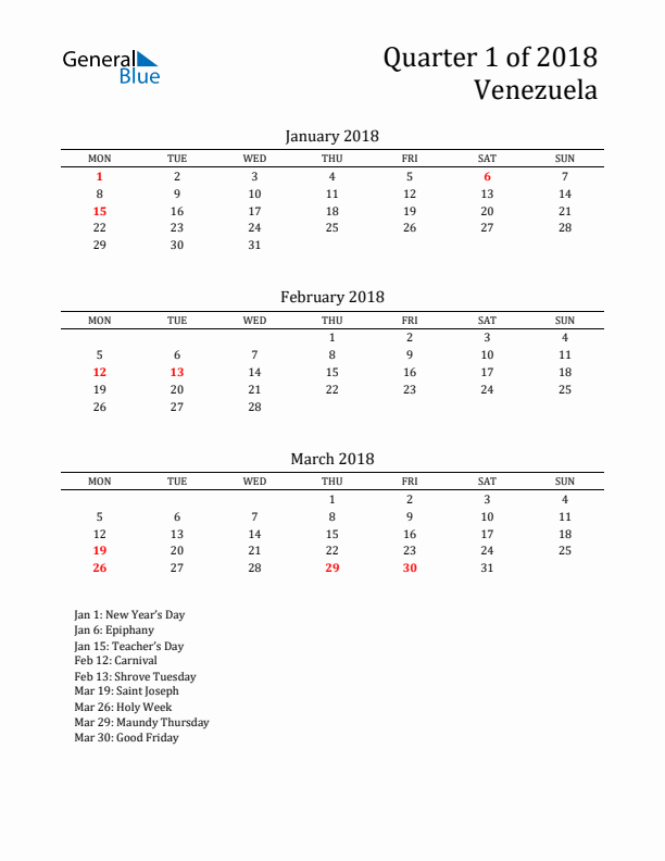 Quarter 1 2018 Venezuela Quarterly Calendar