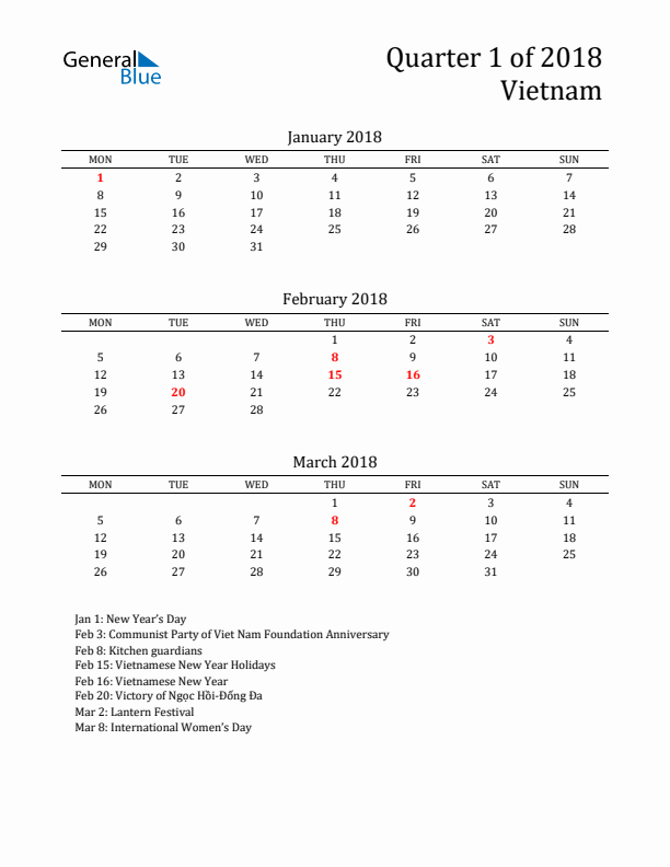 Quarter 1 2018 Vietnam Quarterly Calendar