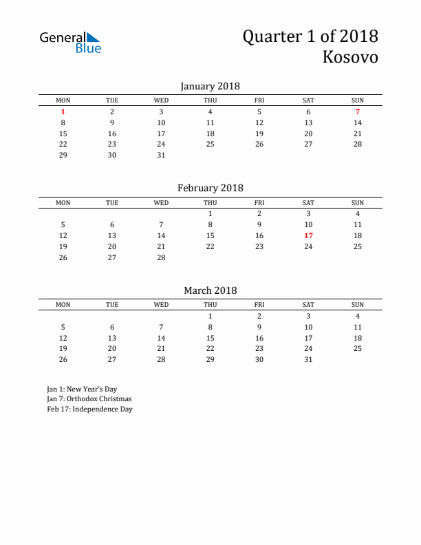 Quarter 1 2018 Kosovo Quarterly Calendar