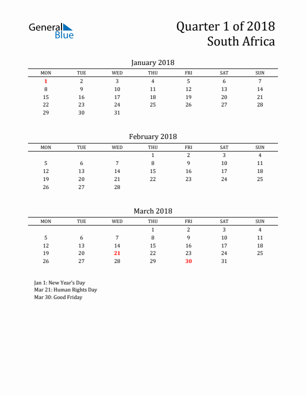 Quarter 1 2018 South Africa Quarterly Calendar