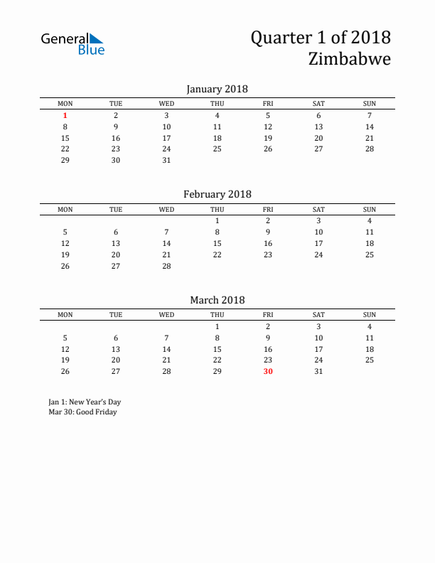 Quarter 1 2018 Zimbabwe Quarterly Calendar