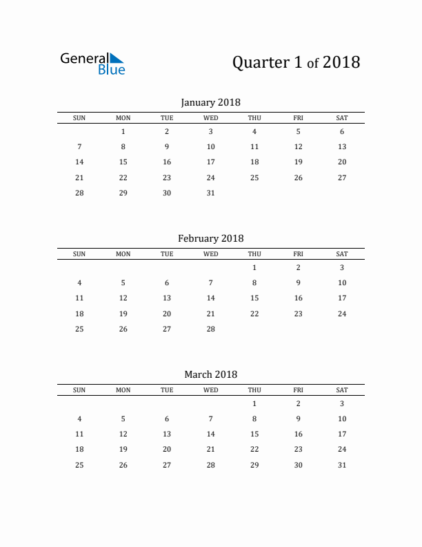 2018 Three-Month Calendar with Sunday Start - Quarter 1