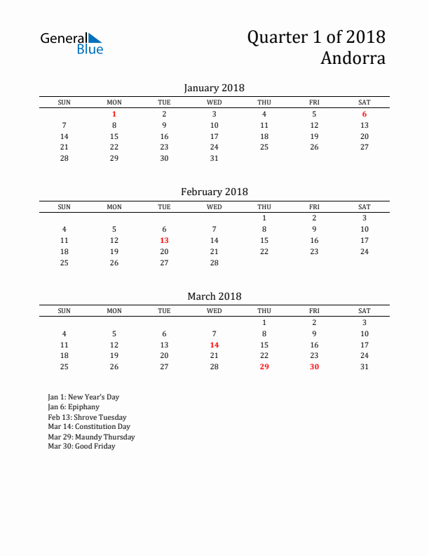 Quarter 1 2018 Andorra Quarterly Calendar