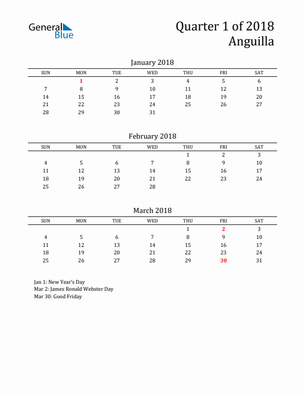 Quarter 1 2018 Anguilla Quarterly Calendar