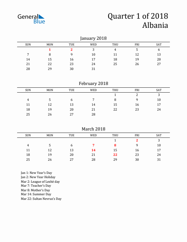 Quarter 1 2018 Albania Quarterly Calendar