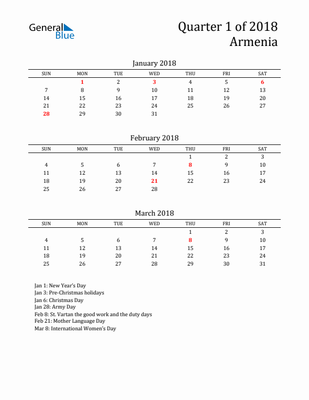 Quarter 1 2018 Armenia Quarterly Calendar