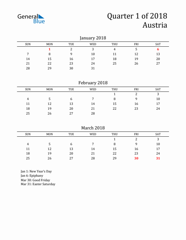 Quarter 1 2018 Austria Quarterly Calendar