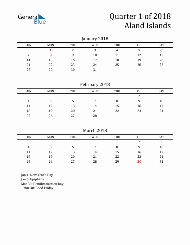 Quarter 1 2018 Aland Islands Quarterly Calendar