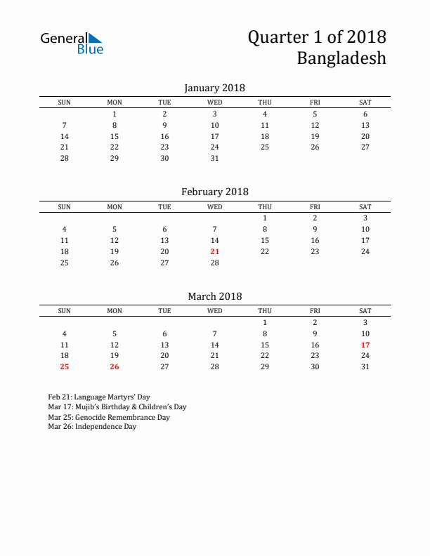 Quarter 1 2018 Bangladesh Quarterly Calendar