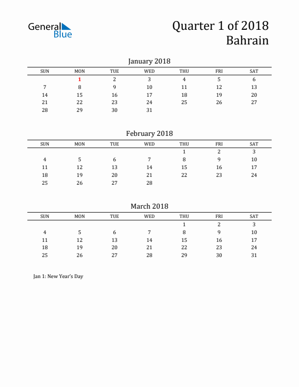 Quarter 1 2018 Bahrain Quarterly Calendar