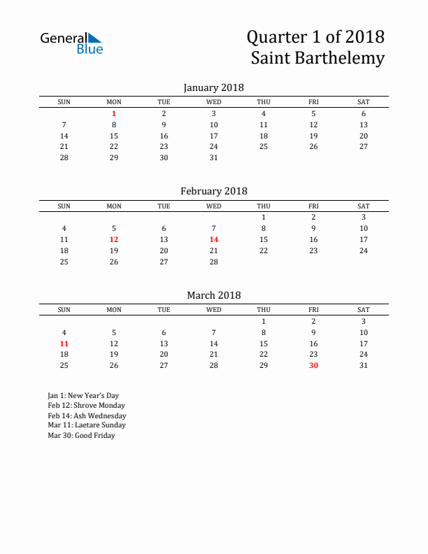 Quarter 1 2018 Saint Barthelemy Quarterly Calendar