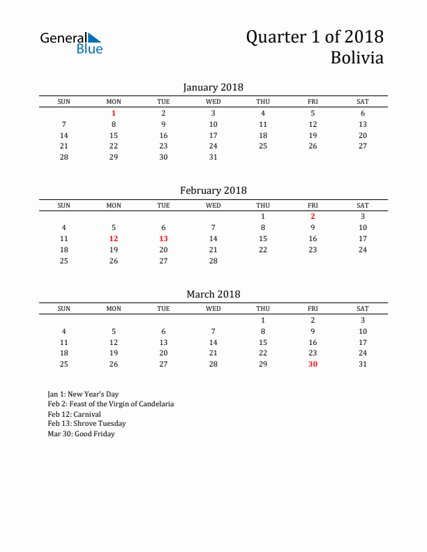 Quarter 1 2018 Bolivia Quarterly Calendar